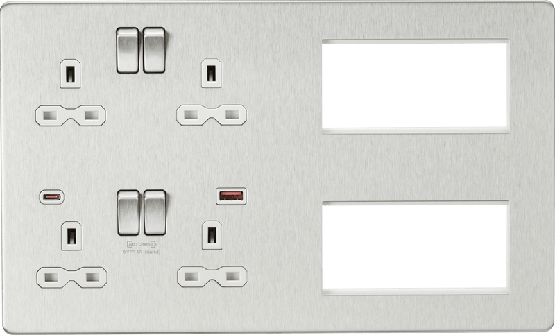 Knightsbridge MLA SFR998BCW Screwless Combination Plate with Dual USB FASTCHARGE A+C - Brushed Chrome with white insert - Knightsbridge MLA - Falcon Electrical UK