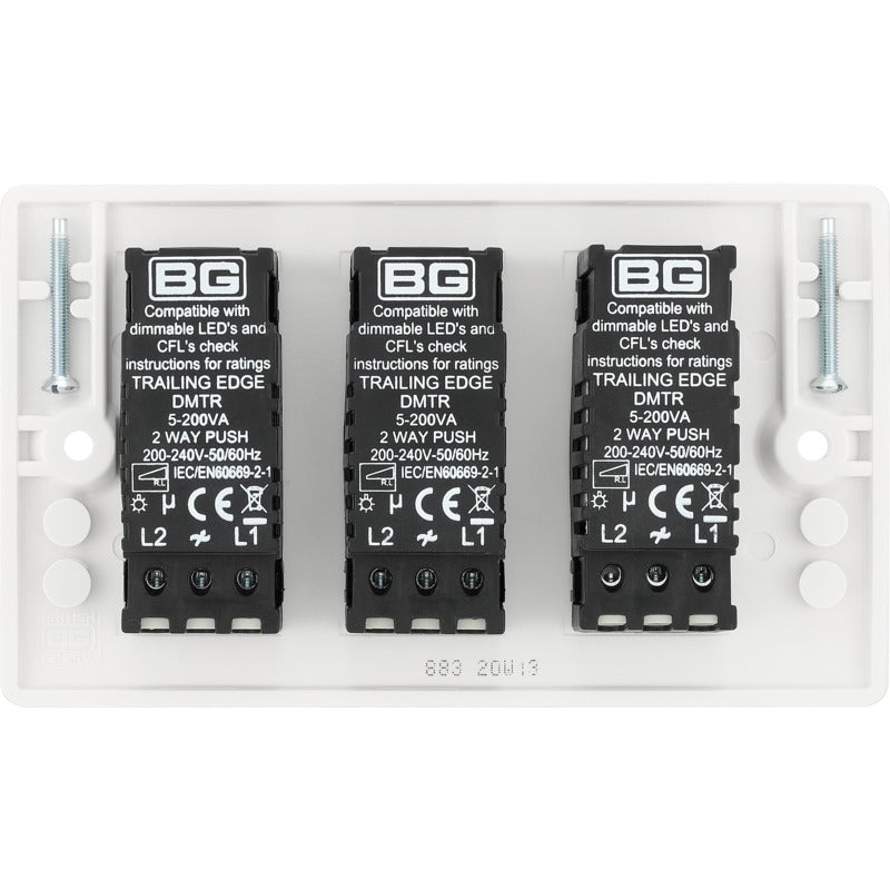 BG 883 Nexus White Moulded Intelligent 400W 3-Gang Dimmer Switch, 2-Way Push On-Off - BG - Falcon Electrical UK