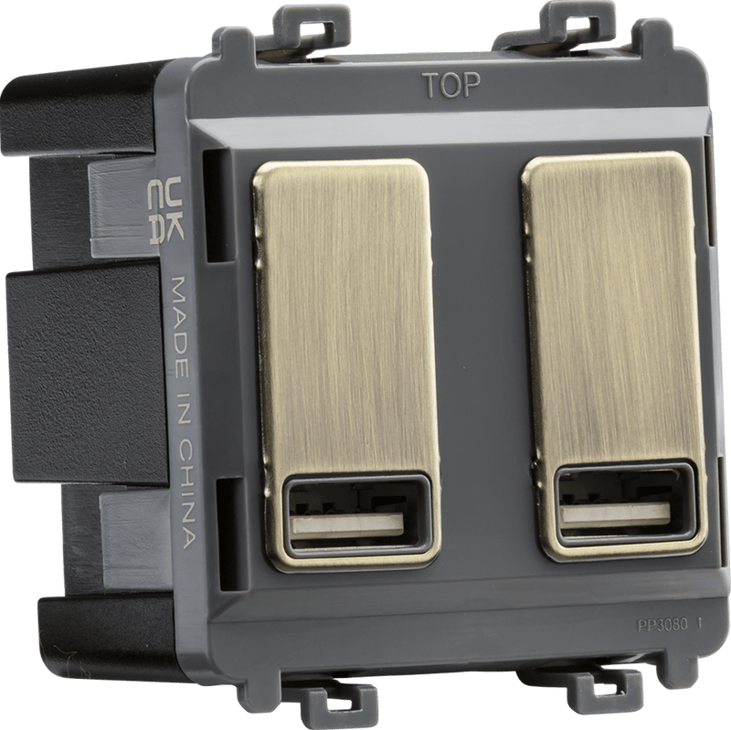 Knightsbridge MLA GDM016AB Dual USB charger module (2 x grid positions) 5V 2.4A (shared) - antique brass - Knightsbridge MLA - Falcon Electrical UK