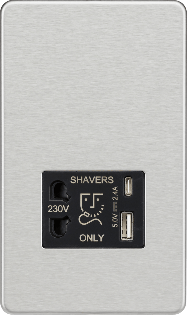 Knightsbridge MLA SF8909BC Shaver socket with dual USB A+C (5V DC 2.4A shared) - brushed chrome with black insert - Knightsbridge MLA - Falcon Electrical UK