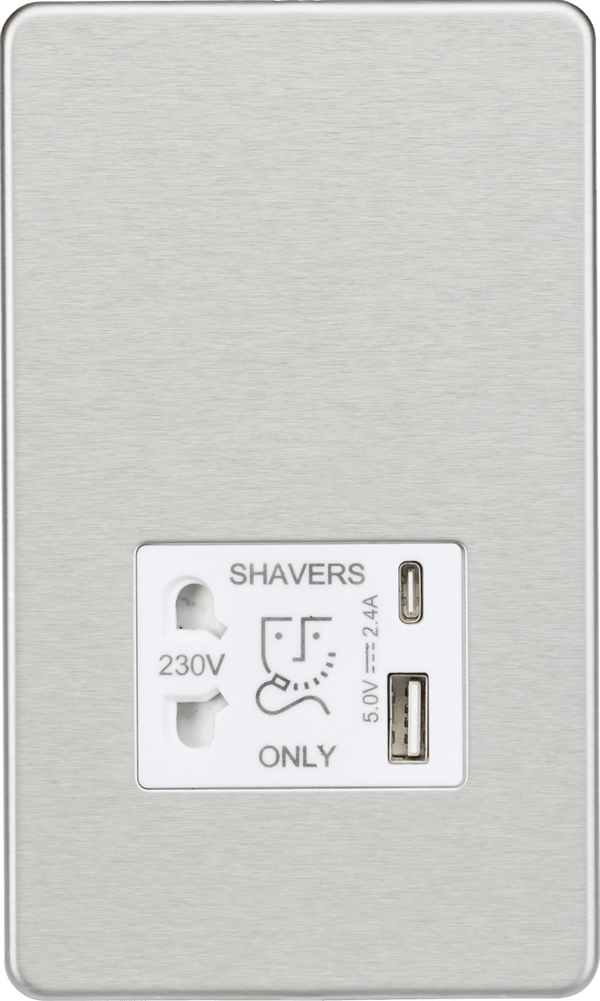 Knightsbridge MLA SF8909BCW Shaver socket with dual USB A+C (5V DC 2.4A shared) - brushed chrome with white insert - Knightsbridge MLA - Falcon Electrical UK