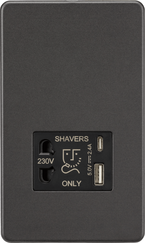 Knightsbridge MLA SF8909SB Shaver socket with dual USB A+C (5V DC 2.4A shared) - smoked bronze - Knightsbridge MLA - Falcon Electrical UK