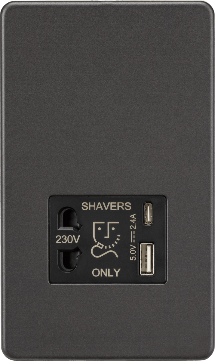 Knightsbridge MLA SF8909SB Shaver socket with dual USB A+C (5V DC 2.4A shared) - smoked bronze - Knightsbridge MLA - Falcon Electrical UK