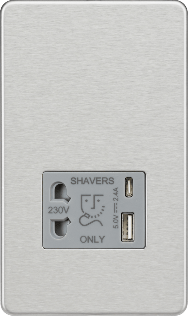 Knightsbridge MLA SF8909BCG Shaver socket with dual USB A+C (5V DC 2.4A shared) - brushed chrome with grey insert - Knightsbridge MLA - Falcon Electrical UK