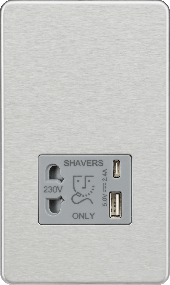 Knightsbridge MLA SF8909BCG Shaver socket with dual USB A+C (5V DC 2.4A shared) - brushed chrome with grey insert - Knightsbridge MLA - Falcon Electrical UK