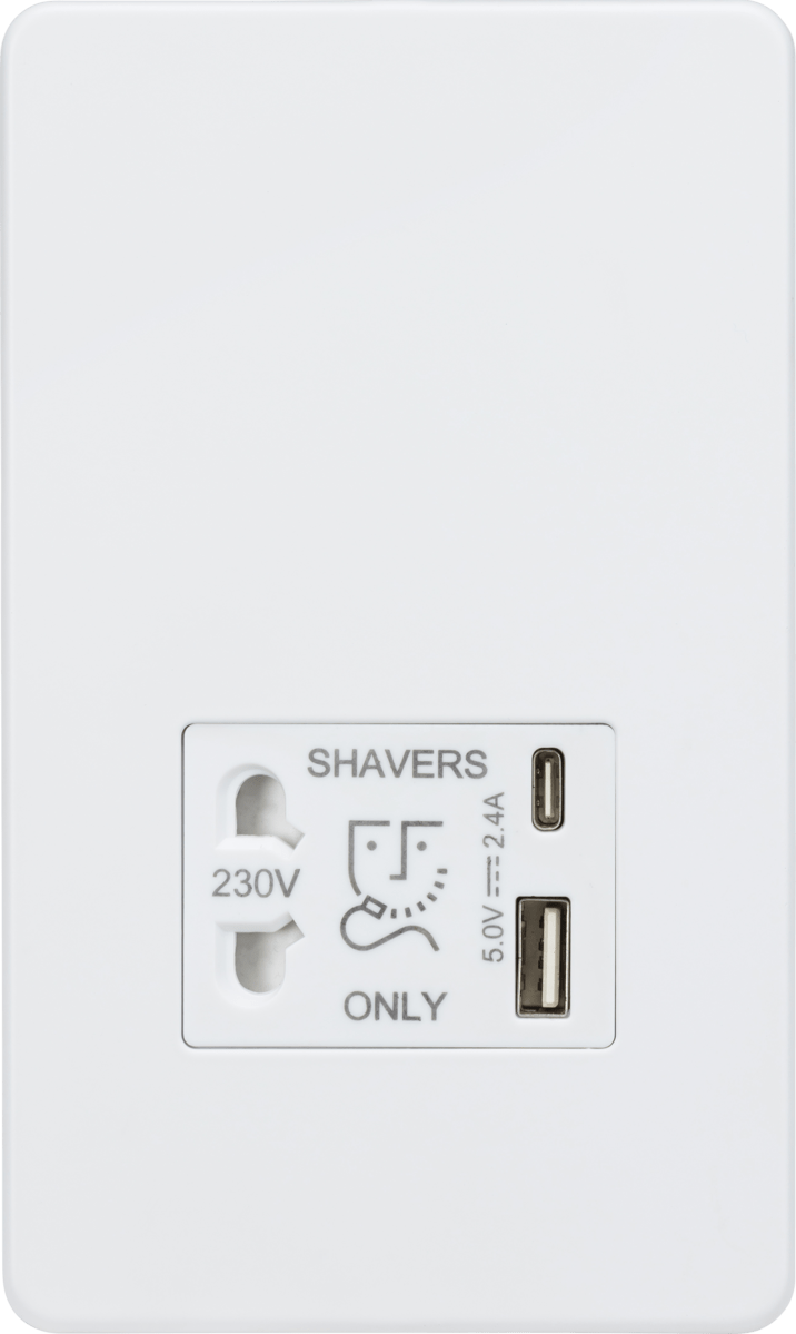 Knightsbridge MLA SF8909MW Shaver socket with dual USB A+C (5V DC 2.4A shared) - matt white - Knightsbridge MLA - Falcon Electrical UK