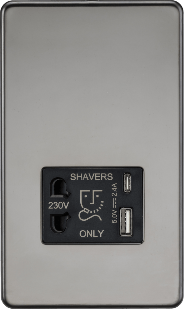 Knightsbridge MLA SF8909BN Shaver socket with dual USB A+C (5V DC 2.4A shared) - black nickel - Knightsbridge MLA - Falcon Electrical UK