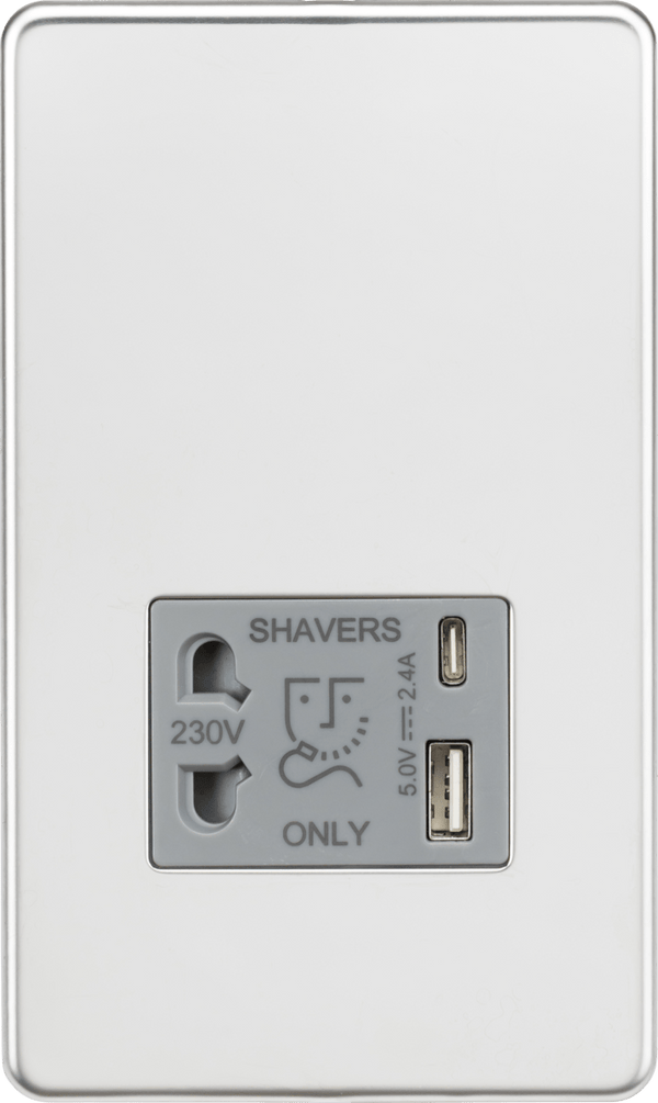 Knightsbridge MLA SF8909PCG Shaver socket with dual USB A+C (5V DC 2.4A shared) - polished chrome with grey insert - Knightsbridge MLA - Falcon Electrical UK