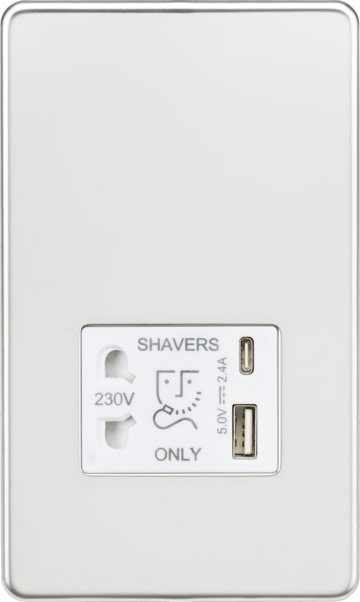 Knightsbridge MLA SF8909PCW Shaver socket with dual USB A+C (5V DC 2.4A shared) - polished chrome with white insert - Knightsbridge MLA - Falcon Electrical UK