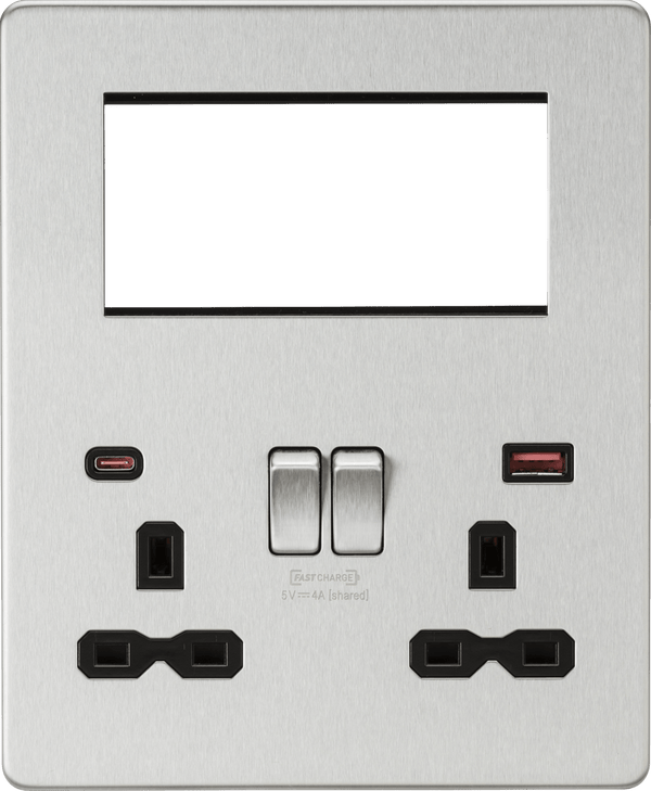 Knightsbridge MLA SFR994BC Screwless Small Multimedia Combination Plate with FASTCHARGE - Brushed Chrome - Knightsbridge MLA - Falcon Electrical UK