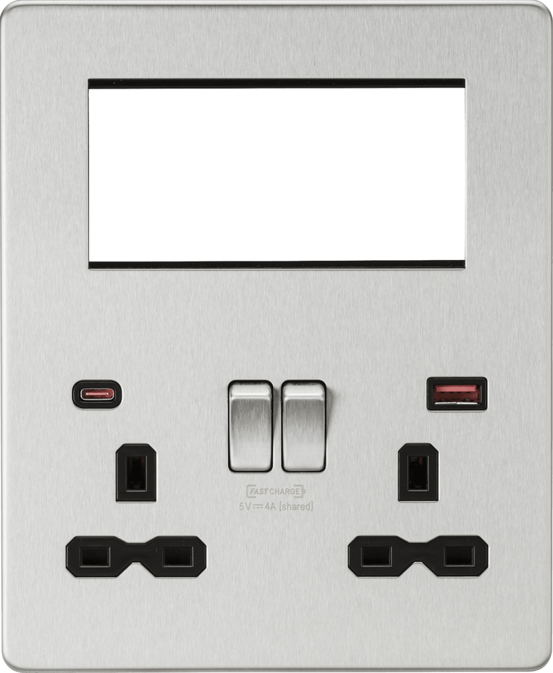 Knightsbridge MLA SFR994BC Screwless Small Multimedia Combination Plate with FASTCHARGE - Brushed Chrome - Knightsbridge MLA - Falcon Electrical UK