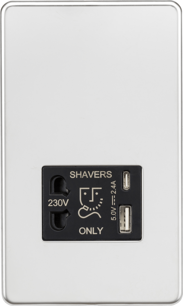 Knightsbridge MLA SF8909PC Shaver socket with dual USB A+C (5V DC 2.4A shared) - polished chrome with black insert - Knightsbridge MLA - Falcon Electrical UK