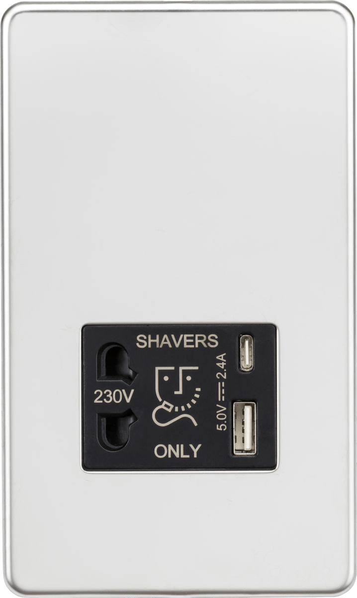 Knightsbridge MLA SF8909PC Shaver socket with dual USB A+C (5V DC 2.4A shared) - polished chrome with black insert - Knightsbridge MLA - Falcon Electrical UK