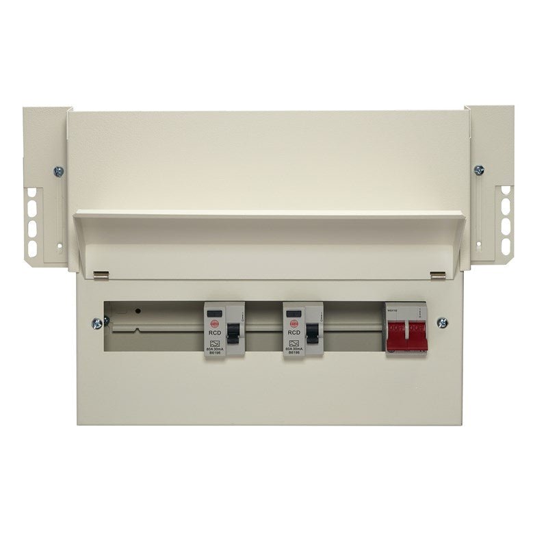 wylex F43NMISS10SLM 10 Way Dual RCD Meter Cabinet Consumer Unit 100A Main Switch, 80A 30mA RCDs, Flexible Configuration - Wylex - Falcon Electrical UK