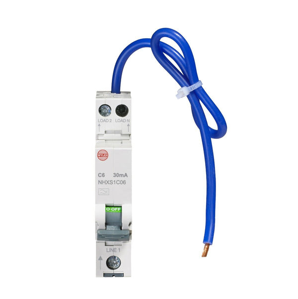 Wylex NHXS1C06 6A 30mA SP with Swi. Neutral C Curve 6kA Type A Mini. RCBO - Wylex - Falcon Electrical UK