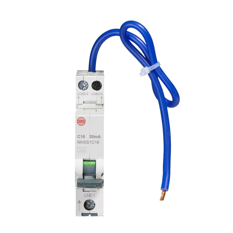 Wylex NHXS1C16 16A 30mA SP with Swi. Neutral C Curve 6kA Type A Mini. RCBO - Wylex - Falcon Electrical UK