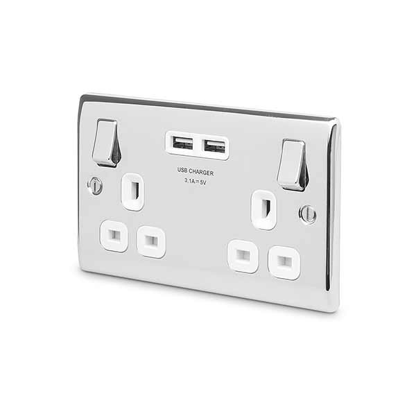 BG NPC22U3W Nexus Metal Polished Chrome 2x Swi. 13A Power Skt w- Usb Charging - 2X Usb Skts (3.1A) - BG - Falcon Electrical UK