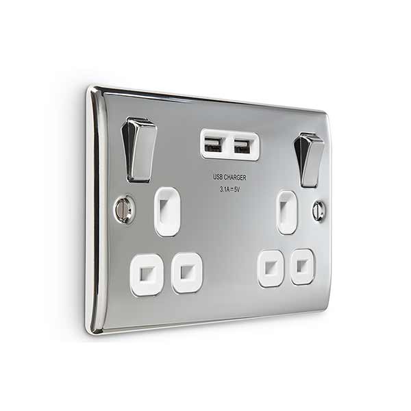 BG NPC22U3W Nexus Metal Polished Chrome 2x Swi. 13A Power Skt w- Usb Charging - 2X Usb Skts (3.1A) - BG - Falcon Electrical UK