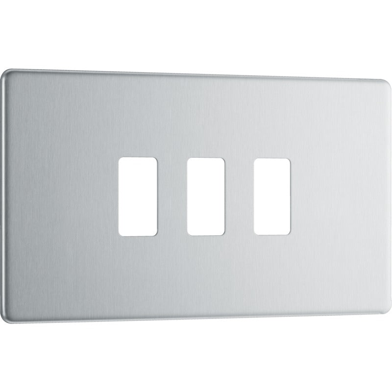 BG RFBS3 Nexus Brushed Steel 3-Module Grid Front Plate - Screwless - BG - Falcon Electrical UK