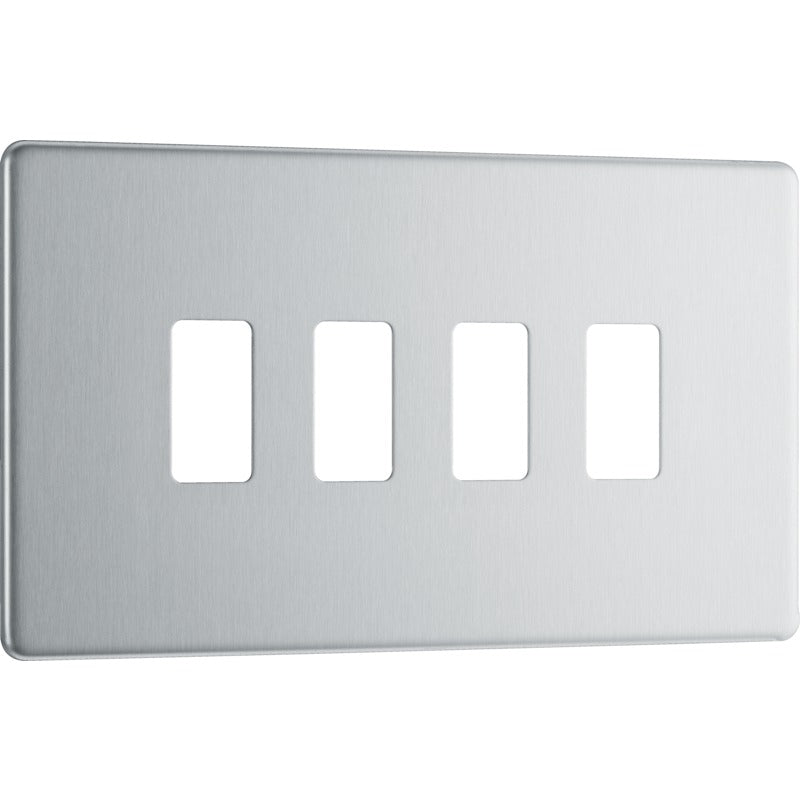 BG RFBS4 Nexus Brushed Steel 4-Module Grid Front Plate - Screwless - BG - Falcon Electrical UK